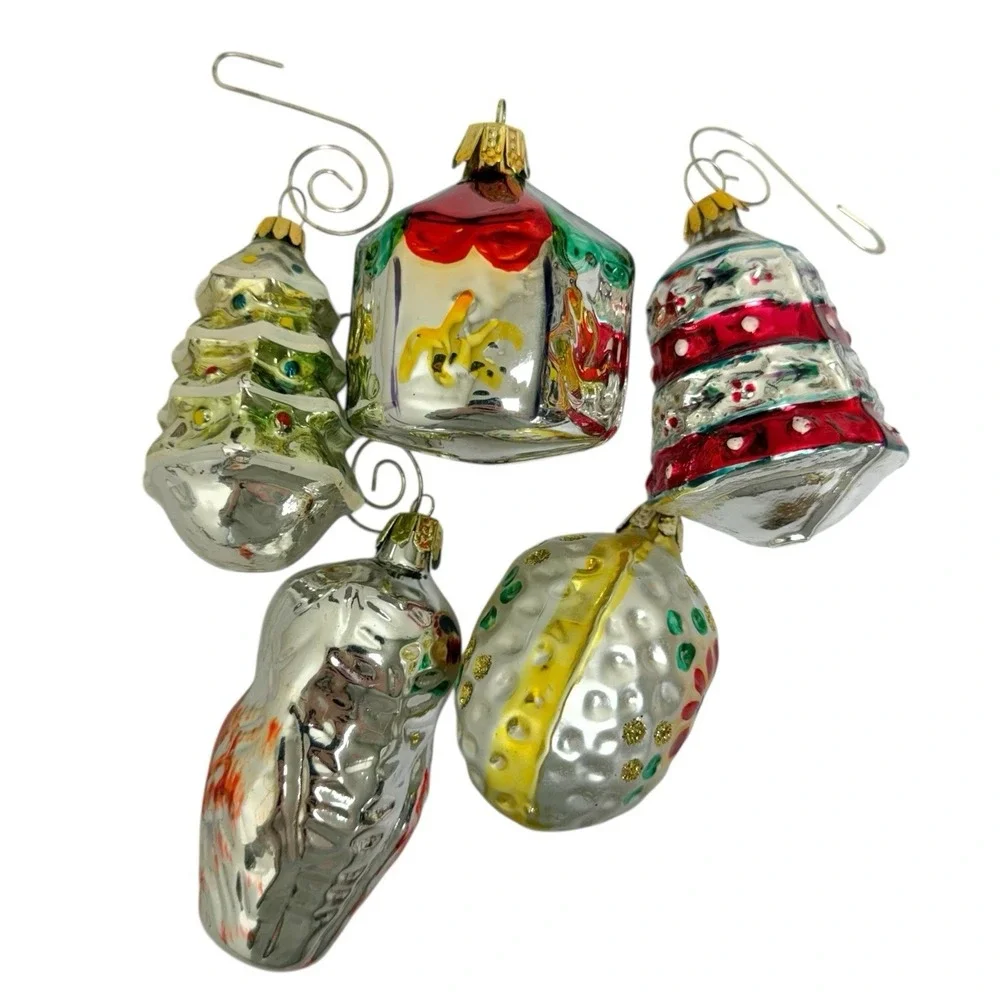 Vintage Blown Glass‎ Colorful Hand Painted Holiday Christmas Ornaments Lot Of 5